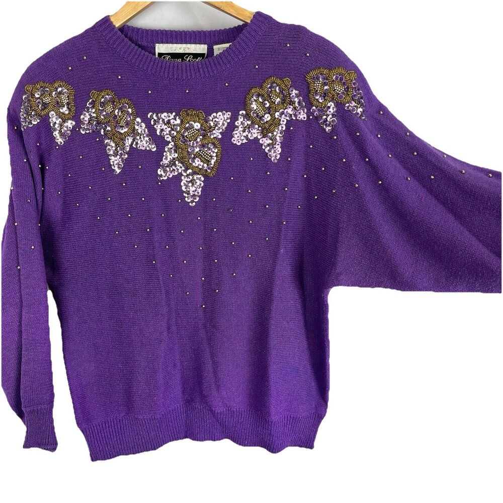 Vintage Dana Scott Amethyst Beaded Sweater Floral Knit Women S - Picture 15 of 16